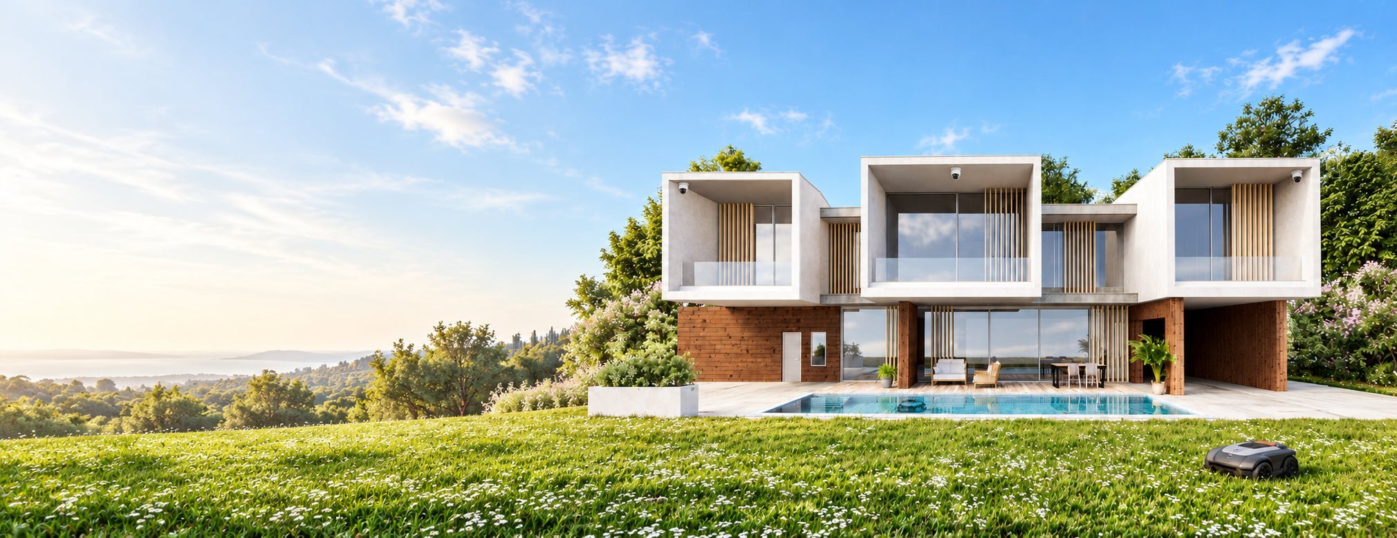 Villa contemporaine avec caméras, piscine et robot tondeuse, illustration des solutions de maison intelligente et domotique Binaa au Maroc